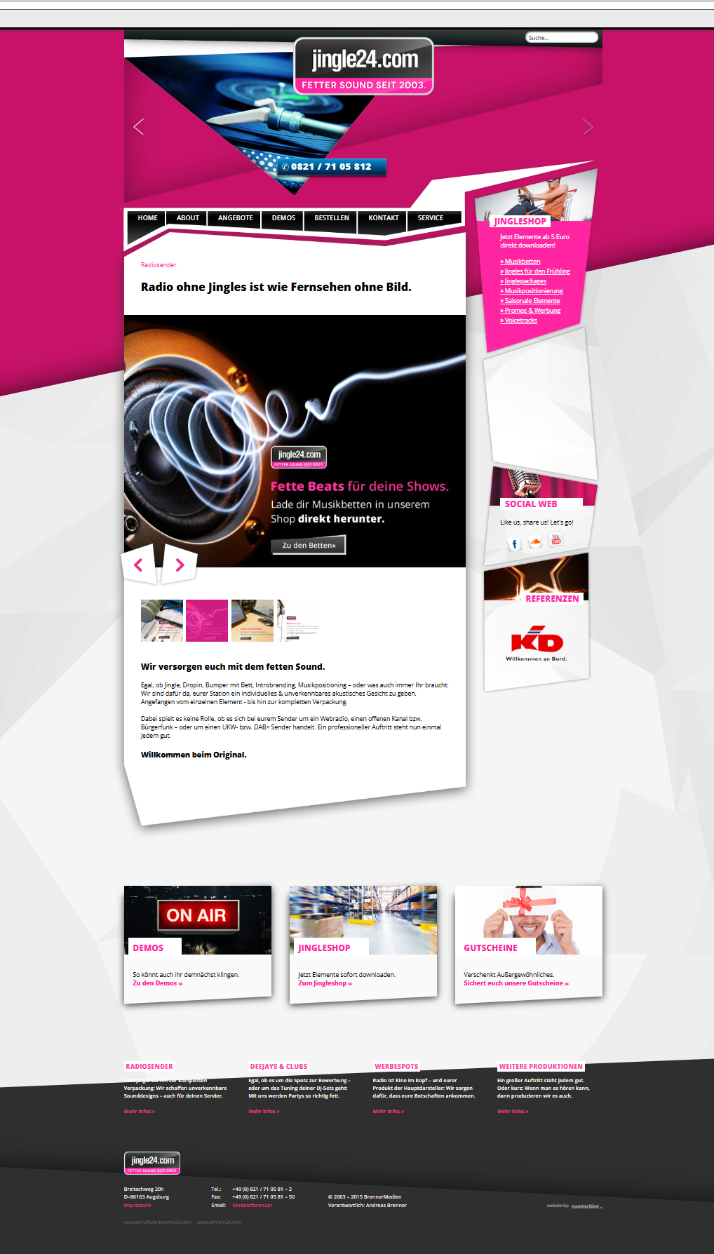 Historische Jingle24-Website mit pinker Gestaltung aus dem Archiv von 2015